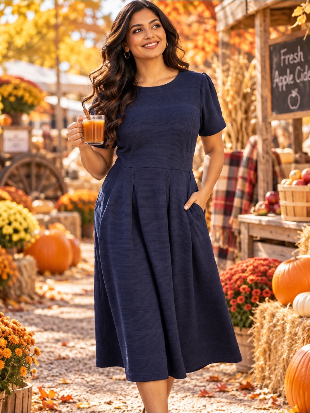Draper James RSVP Navy Textured Fit & Flare Midi Dress XL Pockets Preppy